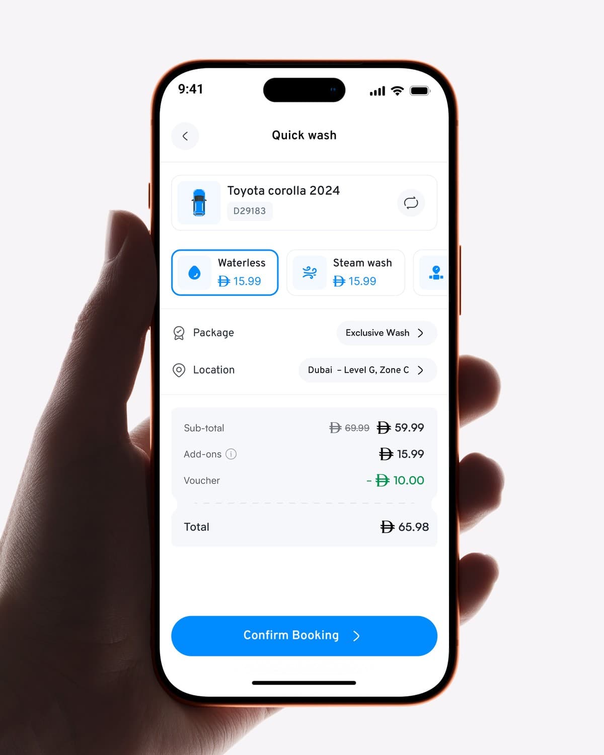 Checkout in hand: sub-total, add-ons and voucher adding up to the total