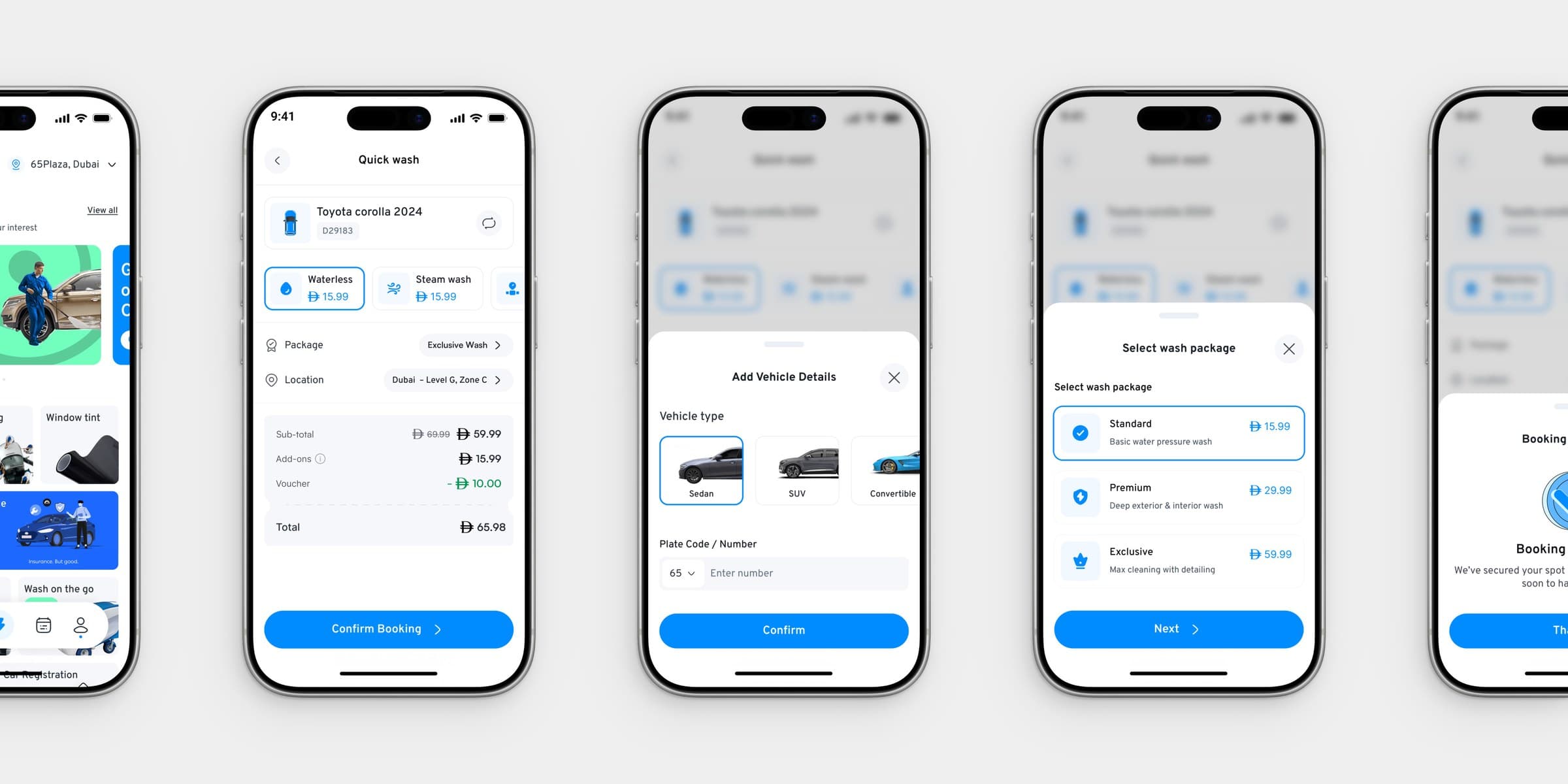 The Quick Wash booking flow, five real screens: home, checkout, vehicle, package, confirmed
