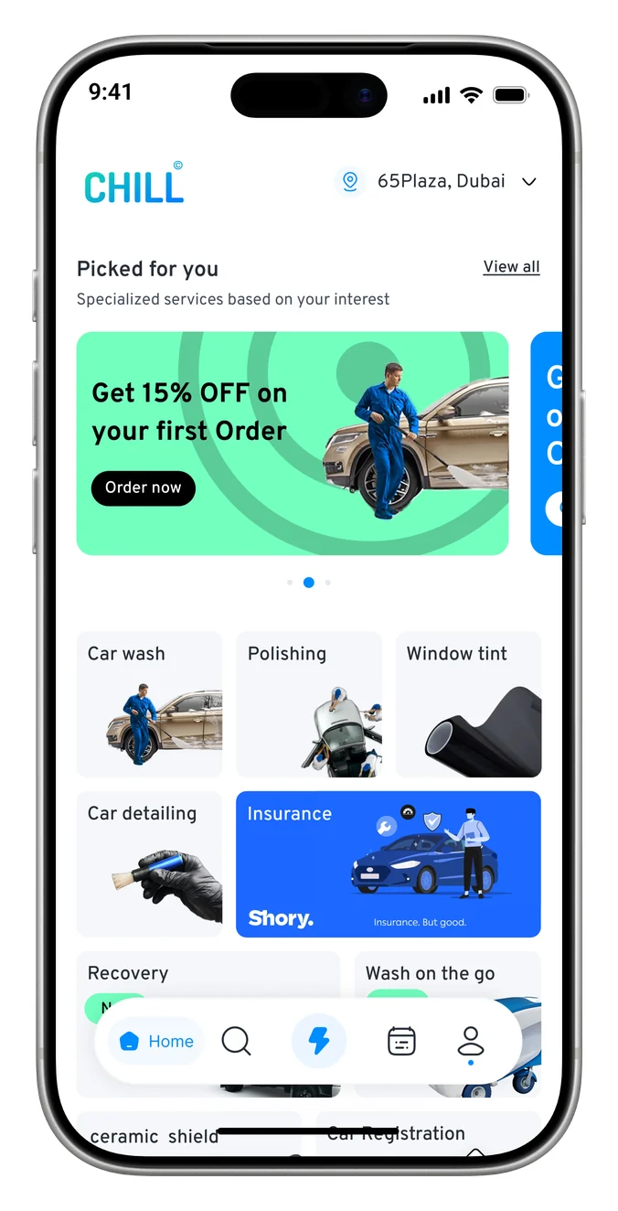 Chill car care app home screen on a phone